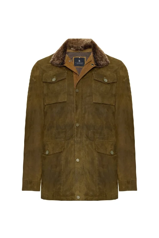 Matteo Men's Suede Padded Coat - Safari Raincoat Turtleneck Coat Wrap Coat