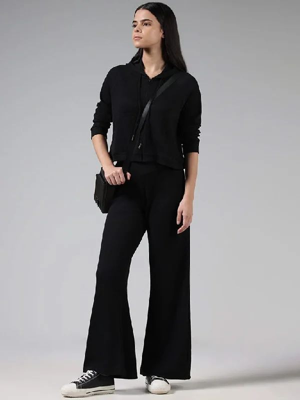 Superstar Black Ribbed Cross Waistband Trousers Trousers sophisticated sleek