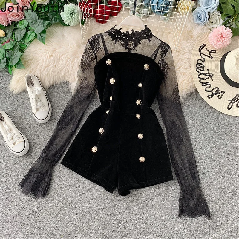 Two Piece Outfits Lace Tulle Pullover Flare Sleeve Shorts Gold Velvet Button Solid New Fashion Clothes Female 231 Batwing Sleeve Top Two Piece Outfits Lace Tulle Pullover Flare Sleeve Shorts Gold Velvet Button Solid New Fashion Clothes Female 231 Batwing Sleeve Top