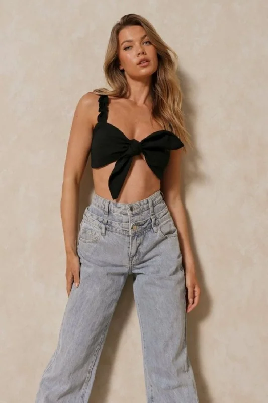 Tie Knot Front Sweetheart Crop Top In Black Solid Print Embellished