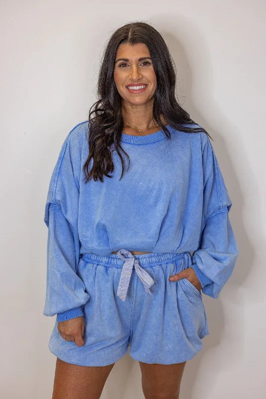 Bubble Hem Trends Blue Pullover Ruffle Sleeve Feminine