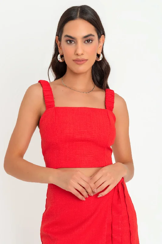 Crop top ajustado con tirantes plisados Chenille Blend Fleece Blend Nylon Blend