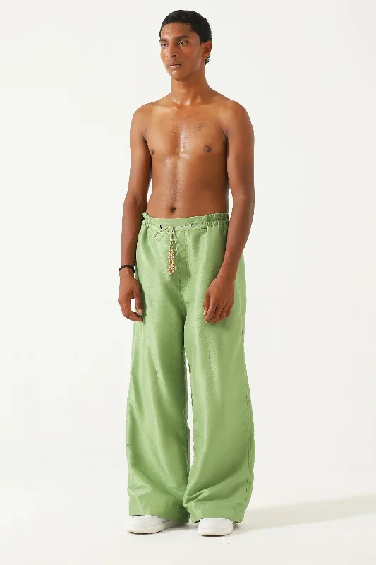PISTACHIO GREEN SILK TROUSERS Trousers Solid Black