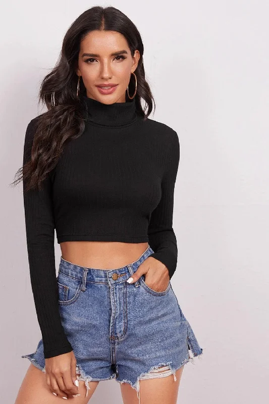 Funnel Neck Black Crop Top Cashmere Blend Cotton Blend Poly Blend