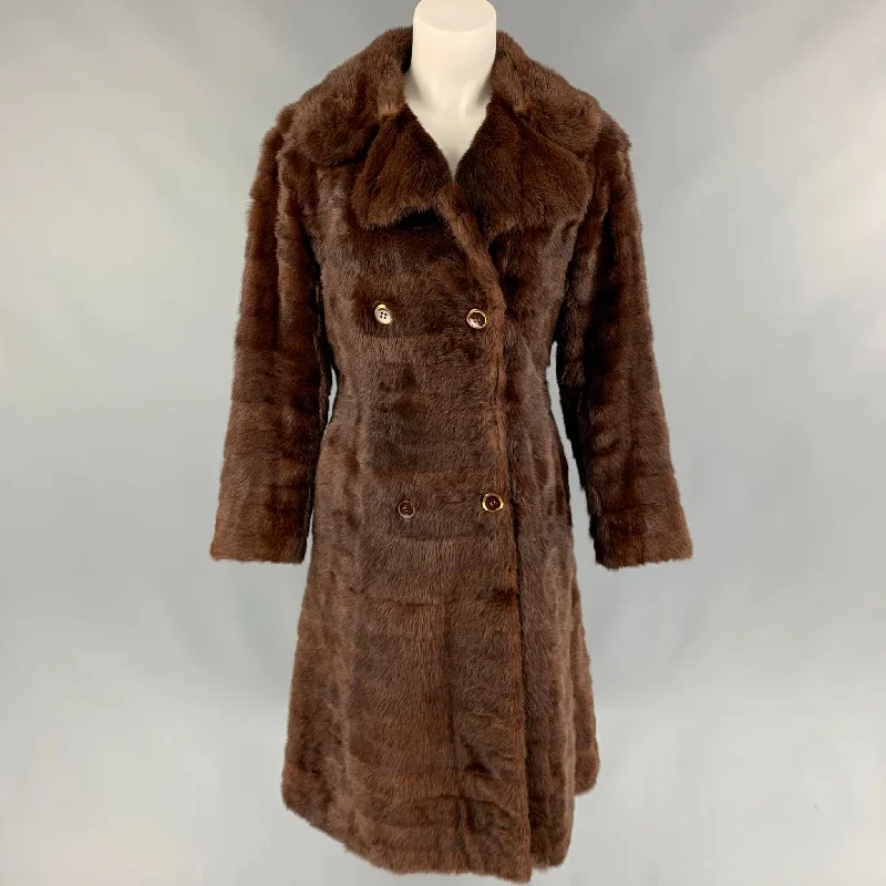 VINTAGE Size M Brown Mink Fur Double Breasted Coat Hooded Caped Scarf