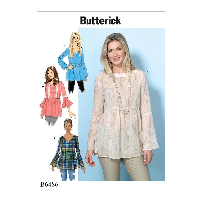 Butterick Pattern B6486 Misses' Loose-Fitting, Gathered Waist Pullover Tops with Bell Sleeves Soft Wool Sweater