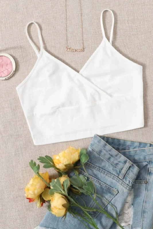 Wrap Neck Crop Top White Chenille Blend Fleece Blend Nylon Blend