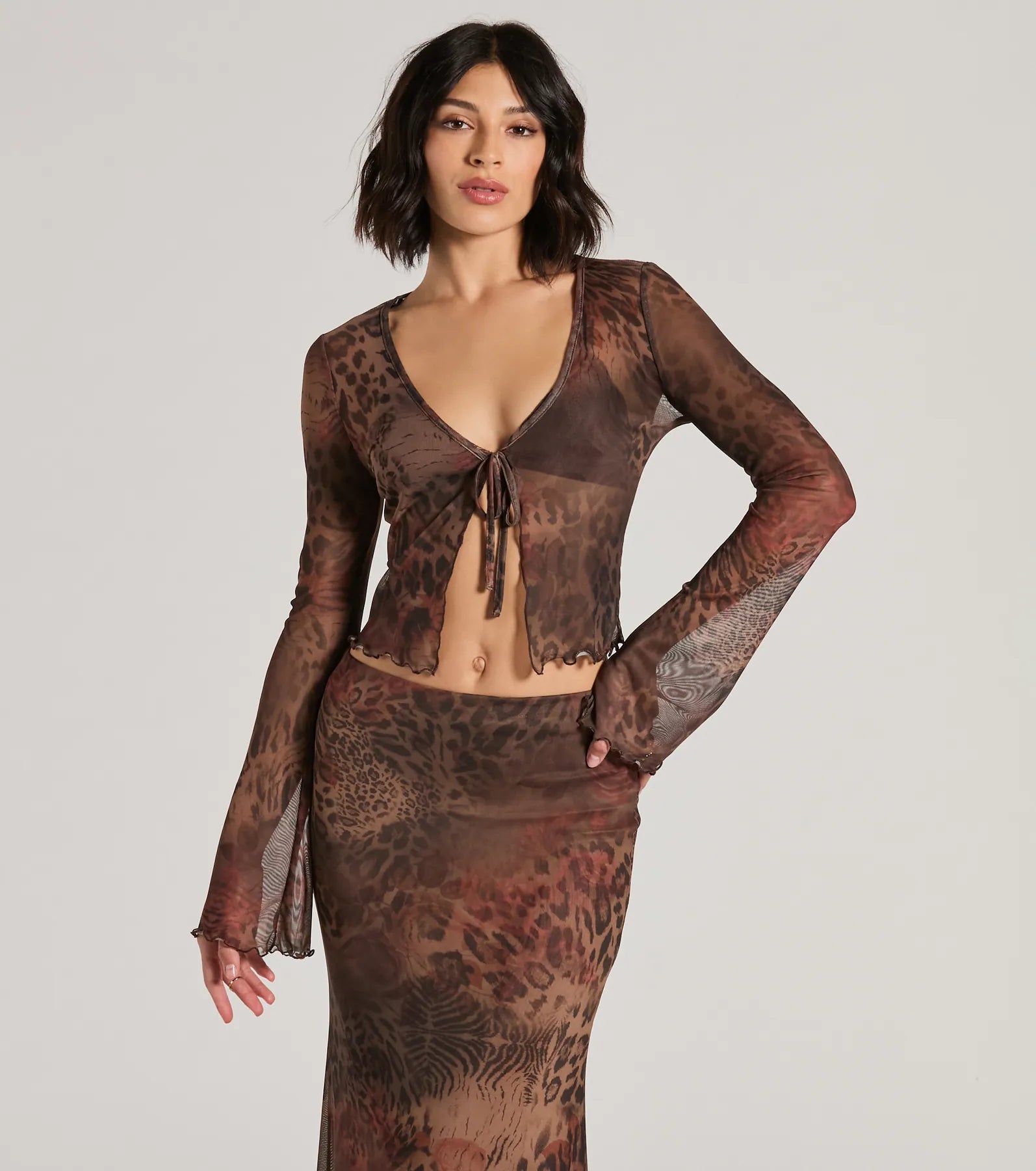 Wildly Sultry Tie-Front Leopard Rose Mesh Crop Top Zippered Buttoned Snapped