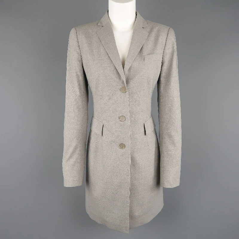 AKRIS Size US 6 Light Heather Gray Notch Lapel Three Button Long Coat Collared Crew Neck Turtle Neck
