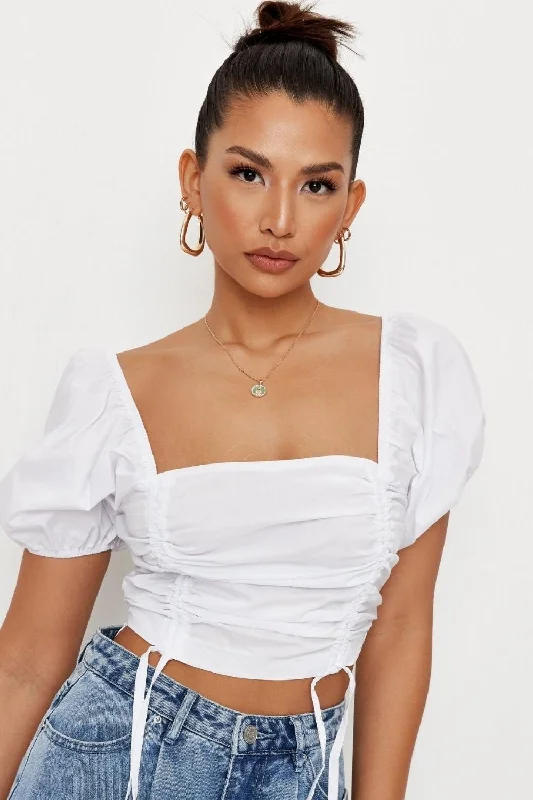 White Poplin Ruched Front Crop Top Graphic Embroidered Appliqued