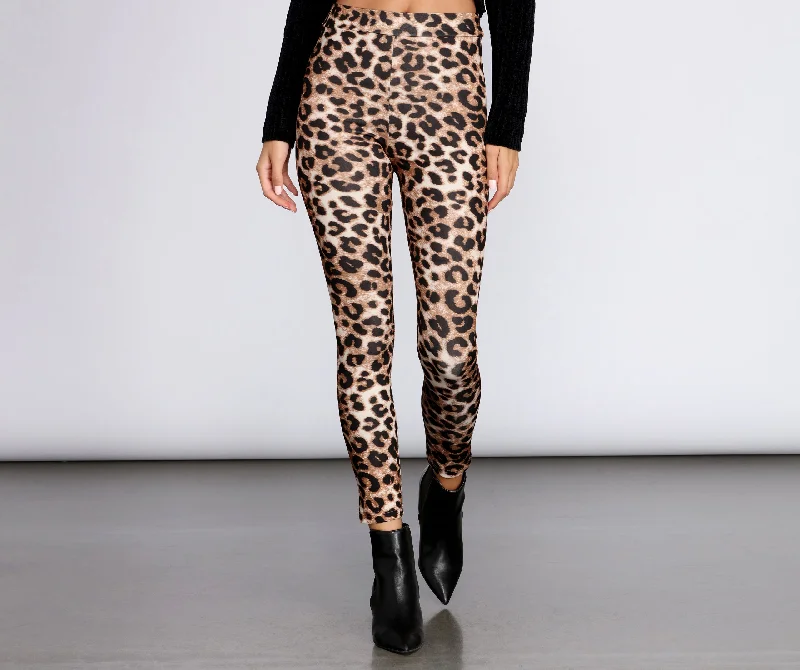Leopard Print High Waist Leggings Trendy Foil Finish Leggings