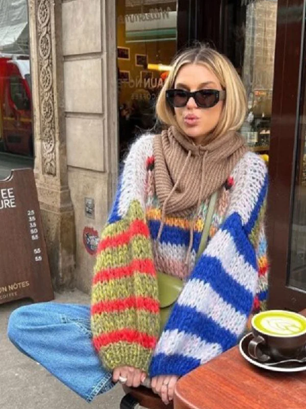 Fashion Striped Multi Color O Neck Sweaters Casual Long Sleeve High Elastic Pullover Top Autumn Winter Female Warm Sweaters Bishop Sleeve Elegant Fashion Striped Multi Color O Neck Sweaters Casual Long Sleeve High Elastic Pullover Top Autumn Winter Female Warm Sweaters Bishop Sleeve Elegant