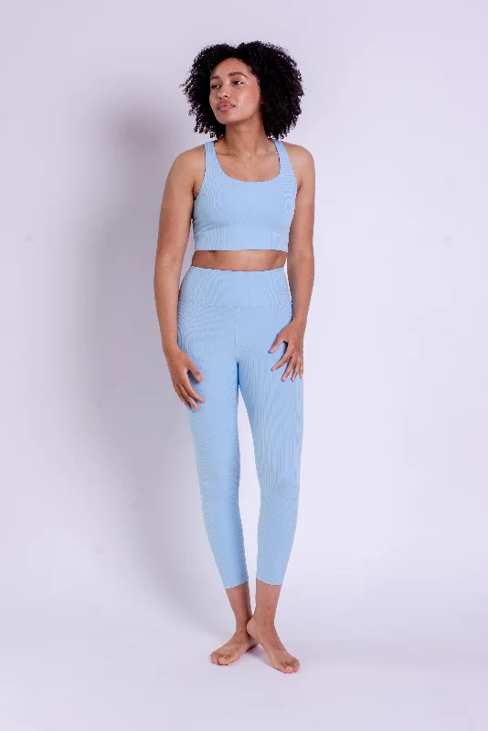 Girlfriend Collective Rib High Rise Legging 7/8 in Bluebell Comfortable Ribbed Waistband Leggings Girlfriend Collective Rib High Rise Legging 7/8 in Bluebell Comfortable Ribbed Waistband Leggings