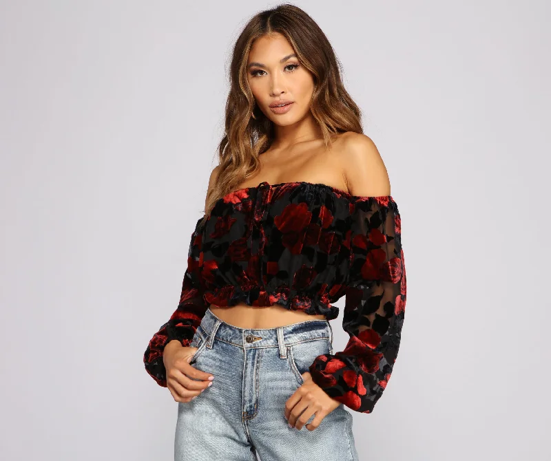 Floral Burnout Off The Shoulder Crop Top Knit Fabric Woven Fabric Fleece Fabric