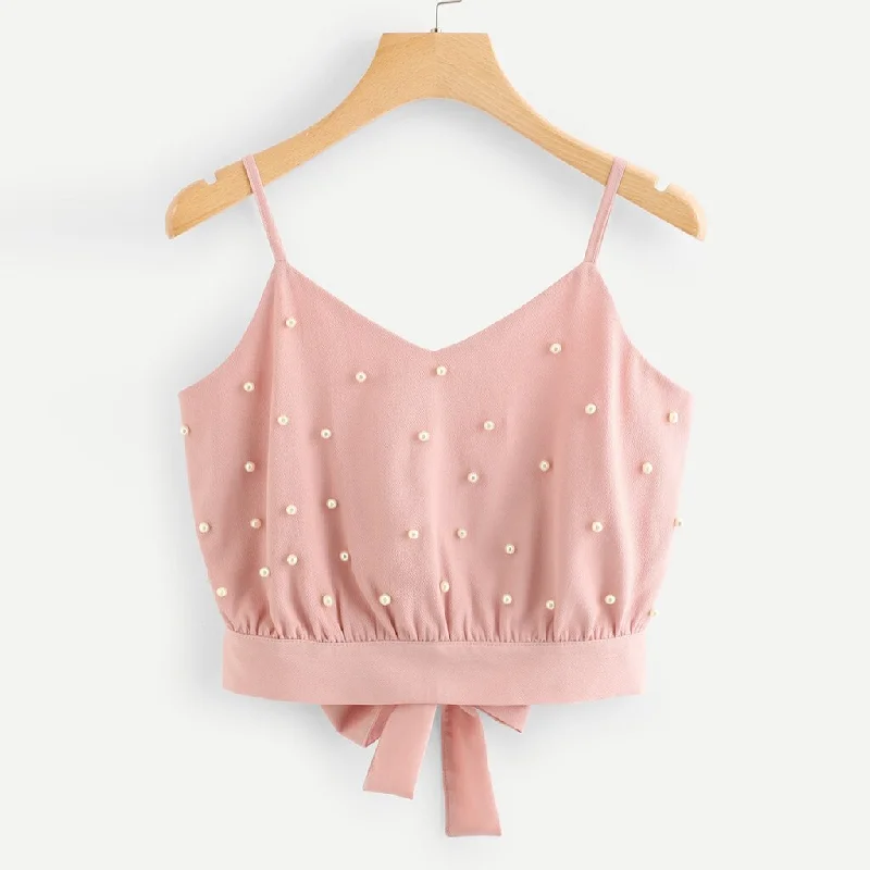 Chiffon Soft Breathable Camisole Sleeveless Solid Color Pearl Beading Bow Crop Top Casual Daily Wearing Summer Tops топик женски Graphic Embroidered Appliqued Chiffon Soft Breathable Camisole Sleeveless Solid Color Pearl Beading Bow Crop Top Casual Daily Wearing Summer Tops топик женски Graphic Embroidered Appliqued