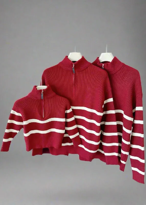 Matching Family Red Stripe Knit Sweaters  Half-Zip Pullover for Mom, Dad, and Kids Ruffled Neck Pullover