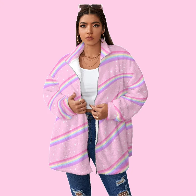 Kawaii Sparkle Cake Rainbow Beam Women's Oversized Fuzzy Fleece Coat With Zipper Collared Crew Neck Turtle Neck