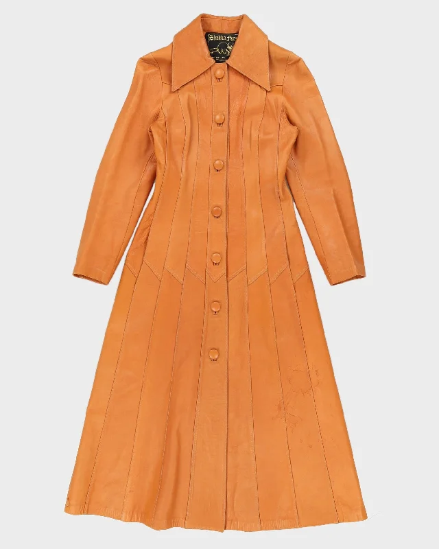 Vintage 70s Sinnika Furs Orange Leather Coat - XS Chenille Brocade Lace