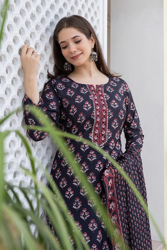 Women's Black Rayon Blend Floral Printed Straight Kurta Trouser With Dupatta - Ahika Trousers cozy soft Women's Black Rayon Blend Floral Printed Straight Kurta Trouser With Dupatta - Ahika Trousers cozy soft