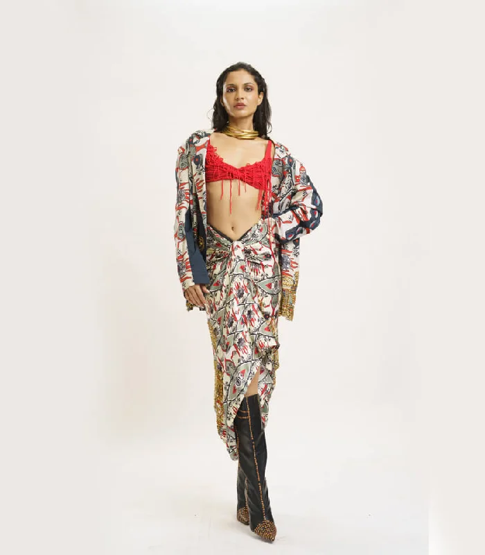 Blazer with Knotted Skirt and Crop Top Zippered Front Buttoned Front Snap Front