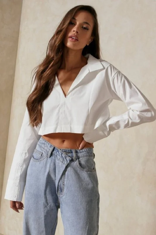 Full Sleeves Boxy White Crop Top Spandex Blend Rayon Blend Denim Blend