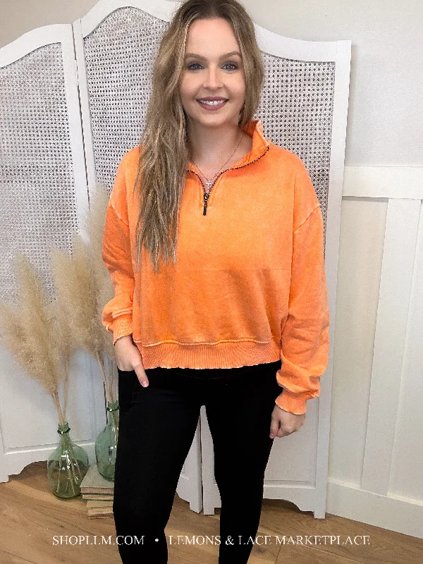 Orange Acid Wash Fleece Pullover Deep Neck Pullover