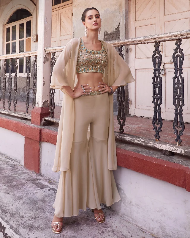 Beige Crop Top Sharara Suit With Cape In Georgette Fabric Solid Color Striped Floral Beige Crop Top Sharara Suit With Cape In Georgette Fabric Solid Color Striped Floral