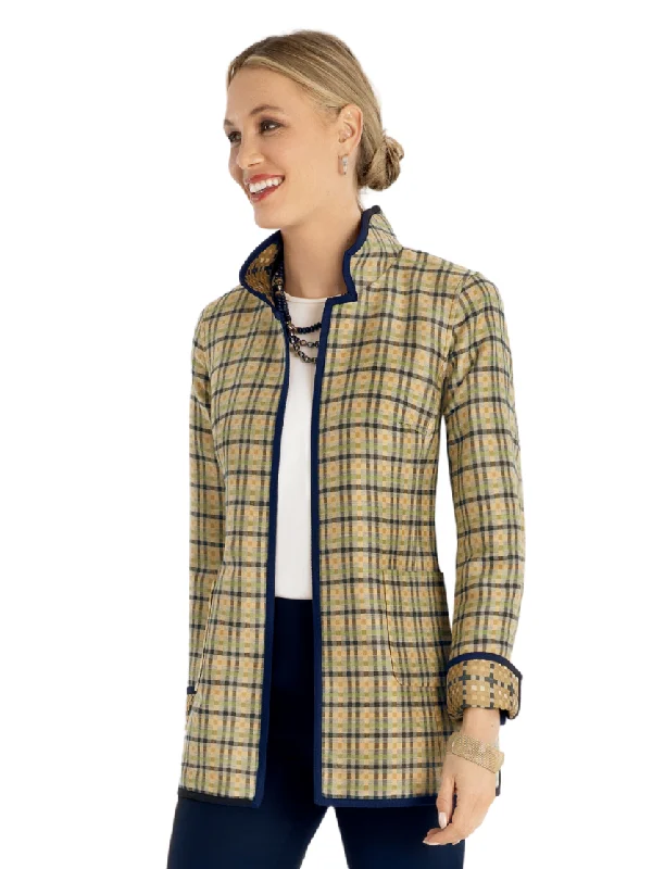Neutral Plaid Checkerboard Reversible Car Coat Turtleneck Wrap Cape