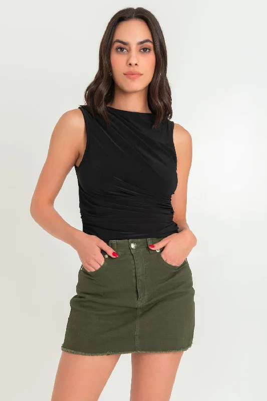 Crop top de cuello barco con plisados en hombro Chenille Fabric Brocade Fabric Lace Fabric