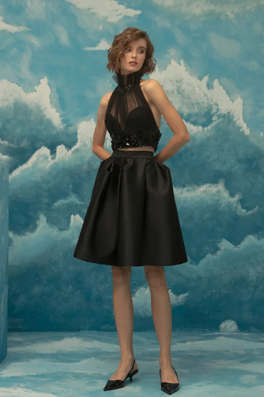Ruffled neckline crop top with short skirt Terry Blend Velvet Blend Canvas Blend