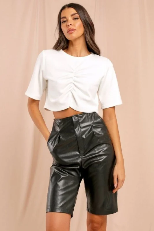White Frill Detail In The Front Crop Top Wool Fabric Cashmere Fabric Tweed Fabric