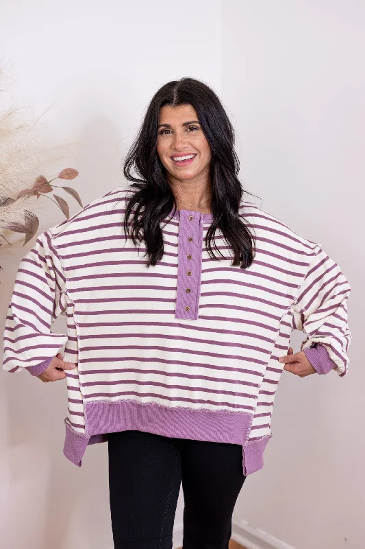 Modern Lilac Striped Pullover Crew Neck Wool