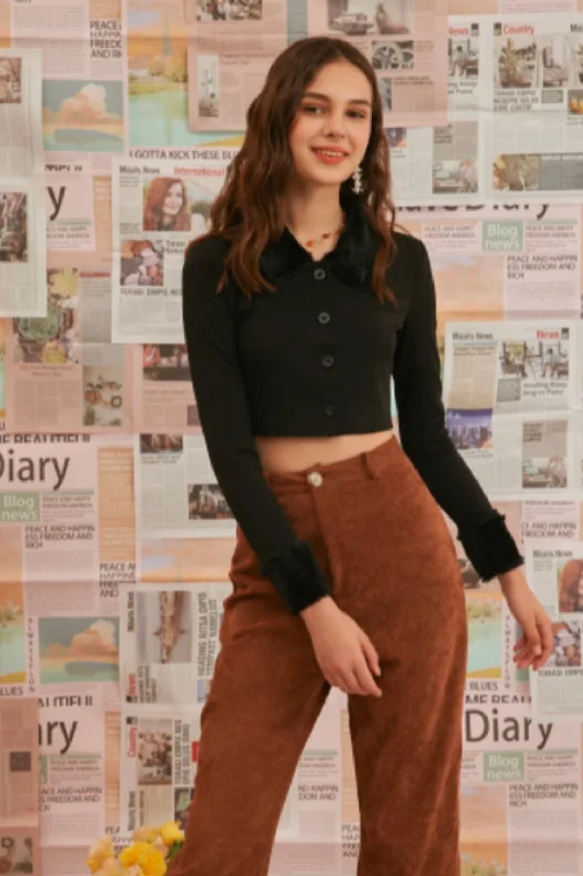 Button Open Front Full Sleeves Crop Top Solid Print Embellished