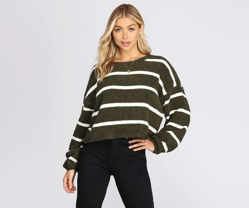 Oversized Striped Pullover Scalloped Neck Pullover