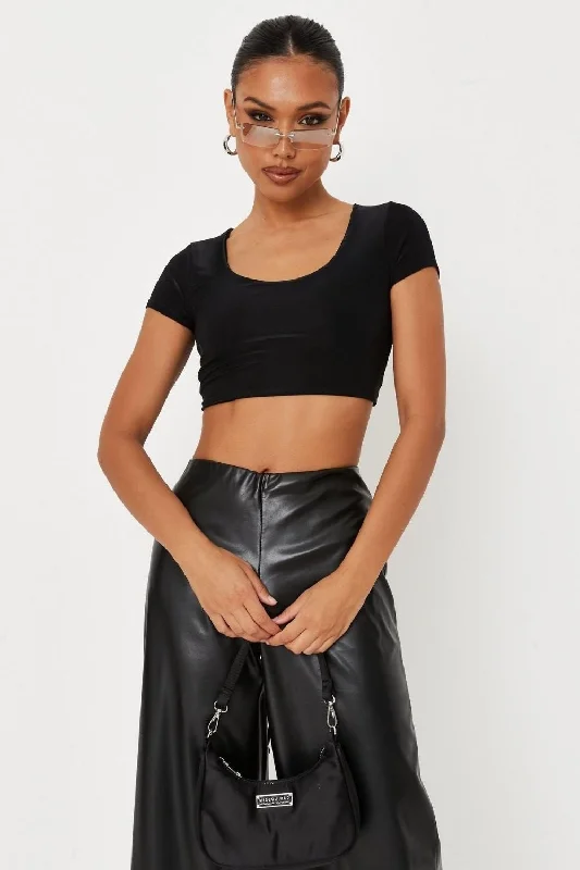 Black Slinky Open Tie Back Crop Top Ribbed Crop Top High Neck Heavyweight