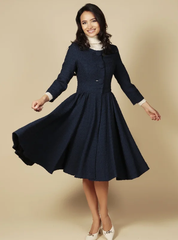 'Lady' Italian Wool Swing Dress Coat in Blu Front Pockets Side Pockets Patch Pockets 'Lady' Italian Wool Swing Dress Coat in Blu Front Pockets Side Pockets Patch Pockets