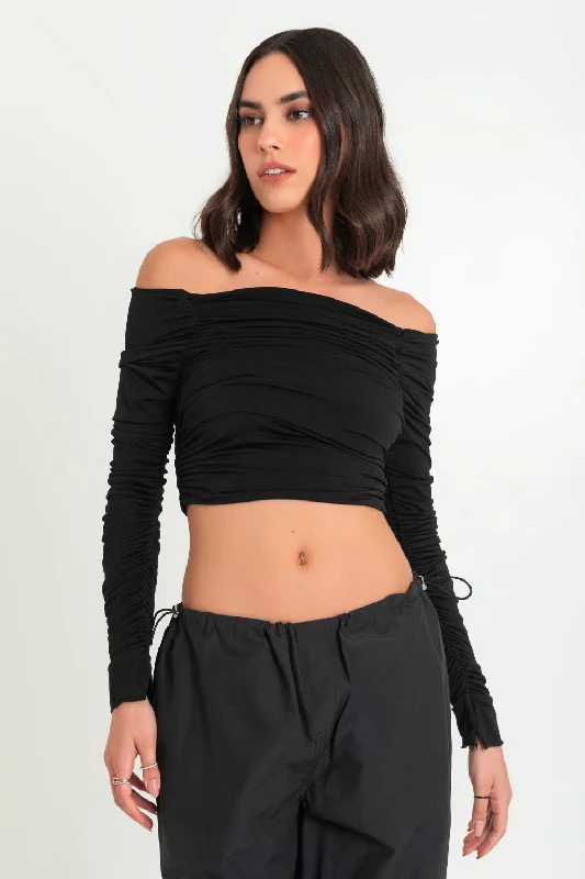 Crop top plisado manga larga con abertura Front Pockets Side Pockets Patch Pockets