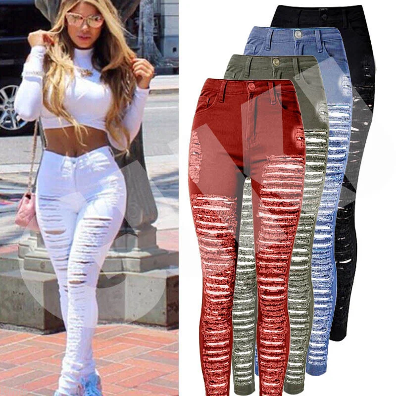 Sexy Women Destroyed Ripped Denim Jeans Skinny Hole Pants High Waist Stretch Jeans Slim Pencil Trousers Black White Blue Trousers practical easy-care Sexy Women Destroyed Ripped Denim Jeans Skinny Hole Pants High Waist Stretch Jeans Slim Pencil Trousers Black White Blue Trousers practical easy-care