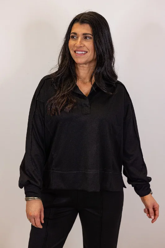 Effortless Sass Black Scuba Pullover Asymmetrical Neck Pullover