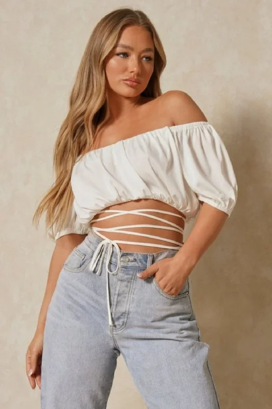 Off Shoulder Tie Knot Detail At Waist White Crop Top Solid Print Embellished