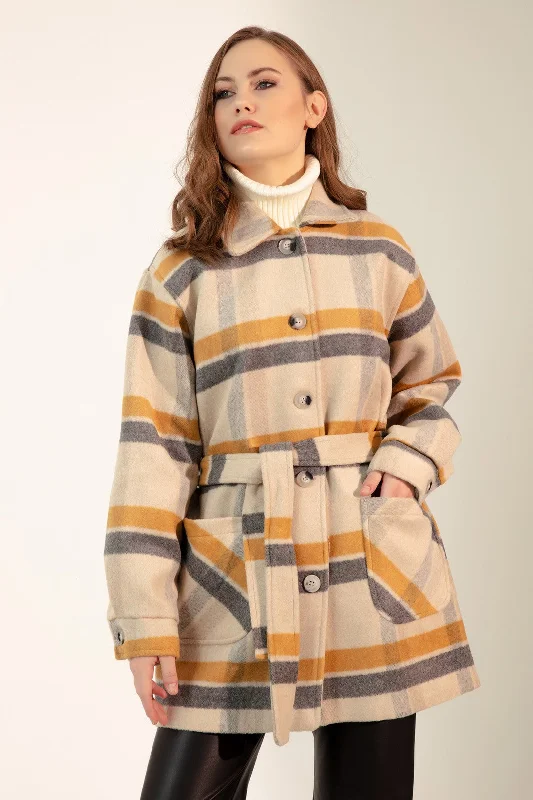 Female Plaid Pattern Coat Cotton Linen Terry