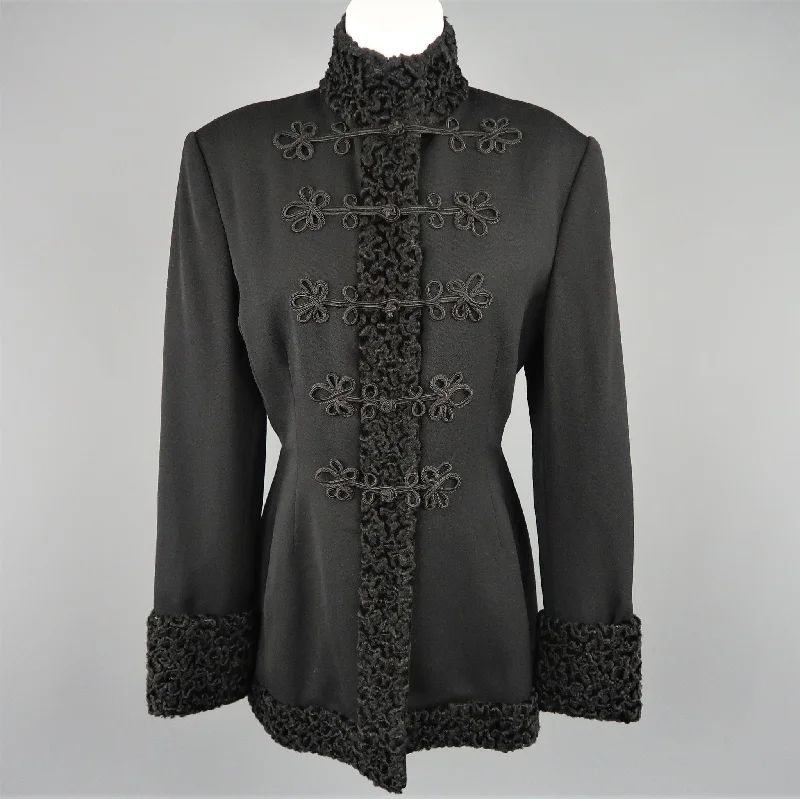 RALPH LAUREN Size 12 Black Wool High Collar Lamb Fur Trim Frog Closure Coat Square Neck One-Shoulder Off-the-Shoulder