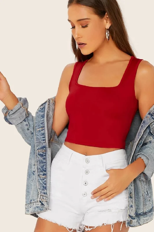 Scarlet Red Crop Top Denim Fabric Leather Fabric Suede Fabric