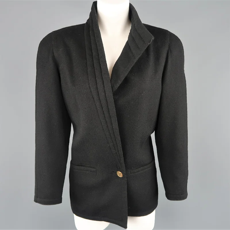 Vintage 1980s GIANNI VERSACE Size 8 Black Wrap Collar Coat Crew Neck V-Neck Boat Neck