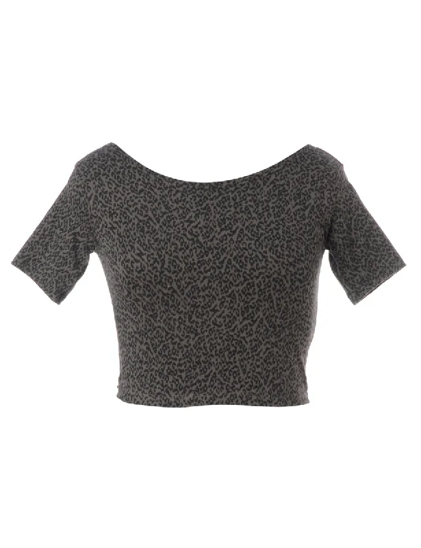 Leopard Print Label Low Back Crop Top Beaded Sequined Faux Fur