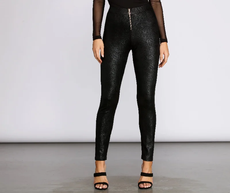 Zip Front Snake Print Coated Leggings Stylish Patterned Active Leggings