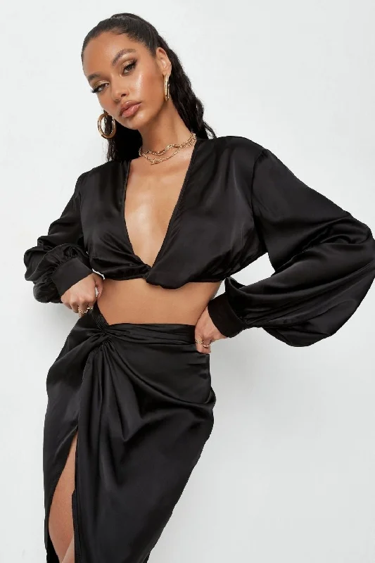 Black Twist And Front Satin Crop Top Real Fur Shearling Chenille