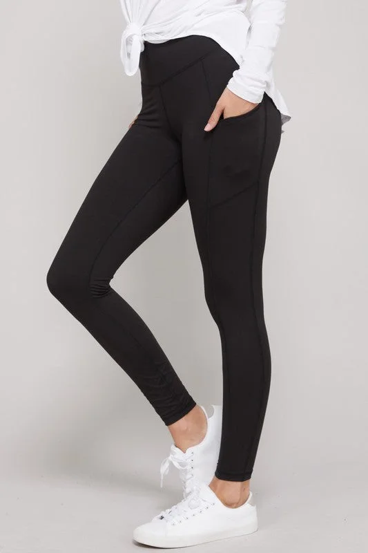 Butter Soft Side Pocket Full Length Leggings Comfortable Ribbed Waistband Leggings