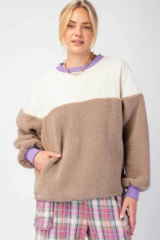 Quilted Fleece Mix Mushroom Pullover Polo Neck Sweater