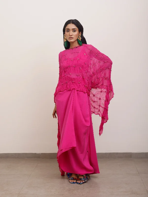 Pink Silk Draped Dupatta Cape With Crop Top And Pick Up Skirt Notch Collar Peter Pan Collar Cowl Neck